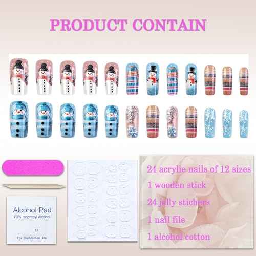 Christmas Press on Nails Medium Square Blue Fake Nails with Snowman Snowflake Designs Cute Winter Nails Press ons Gel Acrylic Glue on Nails Medium Length Holiday Stick on Nails for Women Girls 24Pcs