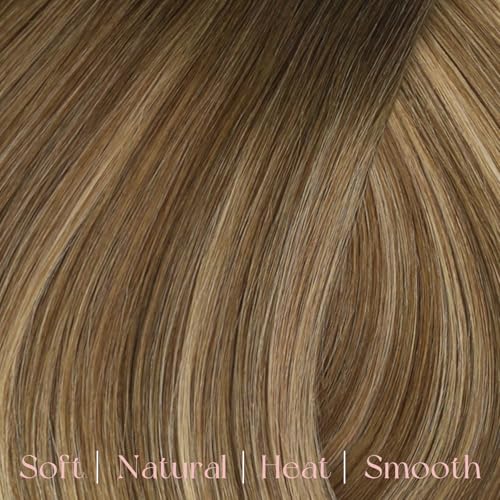 Easyouth Clip in Hair Extensions Balayage Thick Human Hair Clip in Extensions Dark Brown Fading to Caramel Blonde Mix Brown Clips in Extensions Real Human Hair Ease of Use 20 Inch 7Pcs 120G