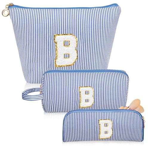 Initials Makeup Bag Set, Personalized Blue Cosmetic Bag, Cute Large Make up Bags, Travel Toiletry Bag for Women Girl Gifts B (Blue)