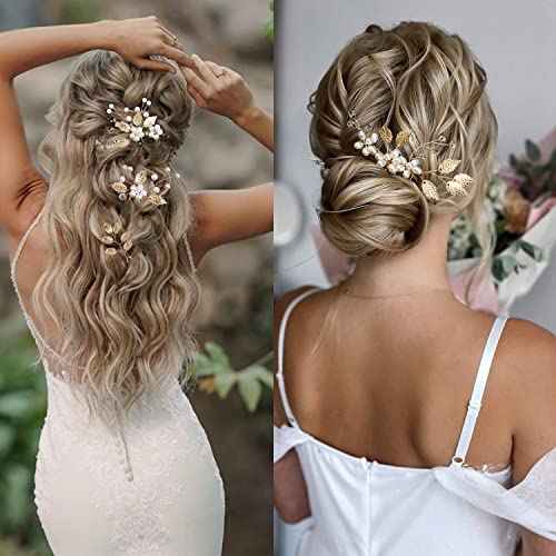 4 Pieces Bridal Wedding Hair Pins Gold Leaf Crystal Pearl Hair Pins Clips Flower Headpiece Vintage Wedding Hair Accessories for Brides Bridesmaids Women Girls