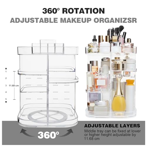 360-Degree Makeup Organizer, DIY Adjustable Rotating Cosmetic Storage Carousel Spinning Holder Storage Rack with 5 Layers Large Capacity, Best for Countertop, Square