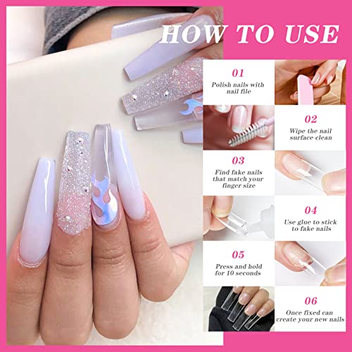 500 Pcs No C Curve Nail Tips XL Long Clear Nail Tips for Acrylic Nails Professional Set,10 Sizes Square Straight Tapered Half Cover Fake Nails Tips Ballerina Coffin French Nail for Salon DIY Nail Art