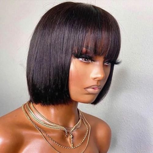 Straight Short Bob Natural Black HD Lace Front Wigs with Baby Hair 13X4 Glueless Human Hair Bangs Pre Plucked with Bleached Knots 180 Density for Black Woman 8 Inch