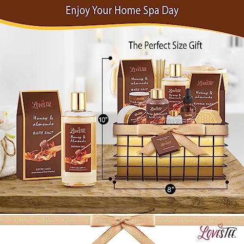 Mother's Day Spa Gift Baskets For Women, Honey Almond Body Set, Birthday Gift - Shower Gel, Bubble Bath, Body Butter, Bath Salt, Oil, Candle, Caviar, Soap, Home Diffuser, Scrubber