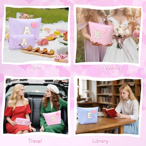 Initial Makeup Bag Personalized Preppy Cosmetic Bag Trendy Toiletry Travel Bag For Teen Girls Kids Women Letter Makeup Pouch Purse Holiday Gifts Birthday Christmas Gifts 2pack (A, Blue)