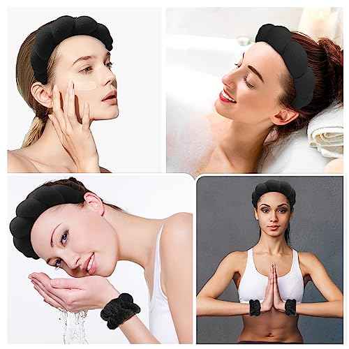 Zkptops Spa Headband for Washing Face Wristband Sponge Makeup Skincare Headband Terry Cloth Bubble Soft Get Ready Hairband for Women Girl Puffy Padded Headwear Non Slip Thick Hair Accessory(Black)