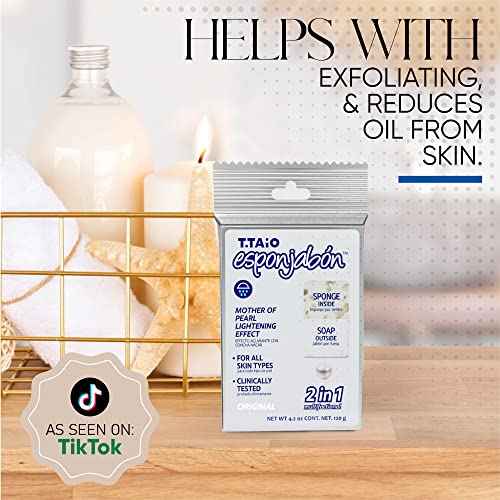 T.Taio Esponjabon Mother of Pearl Soap Sponge - Refreshing Shower Scrubber for Bath Wash & Oil Removal - Bathroom Necessities with Invigorating Scents - Mini Pearl Included