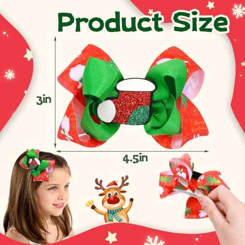 4 Pcs Christmas Hair Bows for Girls, CN 4.5 Inch Girls Bows with Christmas Tree Snowflake Santa Claus Socks Hair Accessories, Toddler Bows Alligator Clips Gift Decorations for Party (4.5inch)