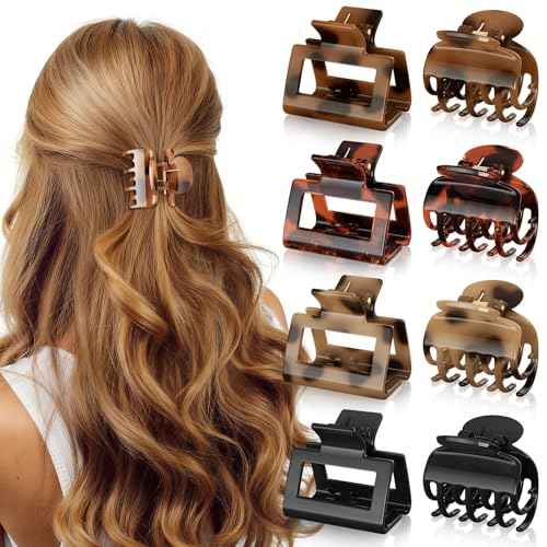 8 PCS Medium Hair Clips for Women Girls - 2 Styles Rectangle and Double Row Teeth Small Claw Clips for Thin Thick Hair, Strong Hold Jaw Clips Stylish Leopard Print Hair Accessories, Tortoise