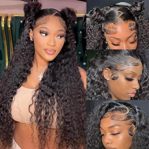 26 Inch Deep Wave Lace Front Wigs Human Hair Pre Plucked 200% Density 13x6 HD Lace Frontal Wigs with Baby Hair Deep Curly Wet and Wavy Glueless Wigs for Women (Natural Black, 26 Inch)