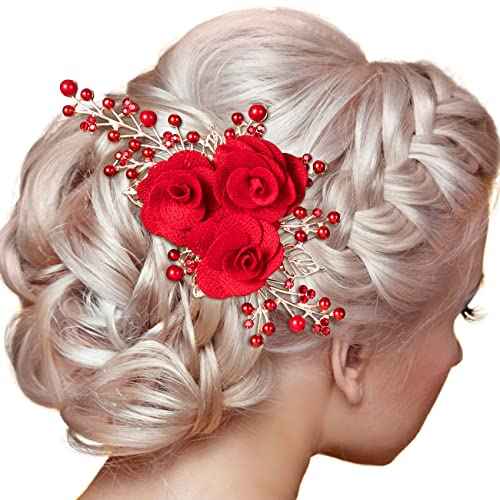 PAGOW Rose Flower Comb 6.1inch Red Hair Clip Bridal Girl Women Accessories Bride Headpiece Gift for Wedding Party Prom Chrismas Valentine's Day Long Thick Haiir