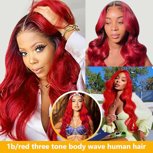 QTHAIR 1B/99J/Red Ombre Body Wave Human Hair Bundles 16A Grade 3 Tone Black Red Human Hair Body Wave Bundles 14 16 18Inch Unprocessed Virgin Hair Bundles Body Wavy Bundles