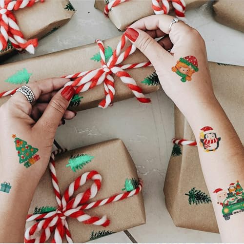 16 Sheets Glitter Christmas Temporary Tattoos for Kids Birthday Party Favors, Christmas Sparkly Winter Holiday Body Decoration Tattoo Stickers for Boys and Girls Goodie Bag Stocking Stuffers