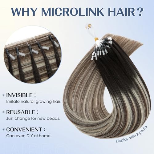 Hairro Microlink Human Hair Extensions Remy Highlight Pre Bonded Cold Fusion Keratin Glue T Tip Hairpieces For Women 22 Inch 50g 50 Strands #1BT4P60 Natural Black to Medium Brown&Platinum Blonde