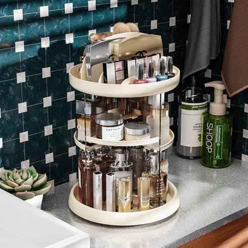 Beige 360 Rotating Makeup Organizer for Vanity - 6 Tier Adjustable Spinning Bathroom Counter Cosmetic Display Cases and Makeup Holder for Palette,Eyeshadow,Brush,Cologne Organizer