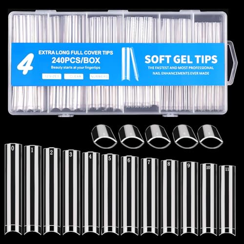 240PCS No C Curve Square Nail Tips, XXXL Half Cover Clear Nail Tips for Acrylic Nails, 3XL Straight Tapered Square Fake Nails Tips Set, 12 Sizes Flattened Acrylic Nails Tips for Nail Salons and DIY
