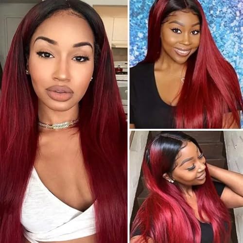 24 26 28 inch Wine Red Color 1B99j Straight Human Hair Bundles Ombre Two Tone Black and Burgundy Bundles Double Weft Brazilian Hair Extensions Soft and Silky