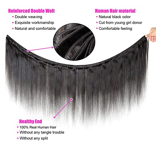 Straight Bundles with Closure (18 20 22+16 Inch) 100% Unprocessed Brazilian Remy Hair Weave 3 Bundles with 4x4 HD Lace Closure Free Part Natural Black Color Hair Extensions for Women