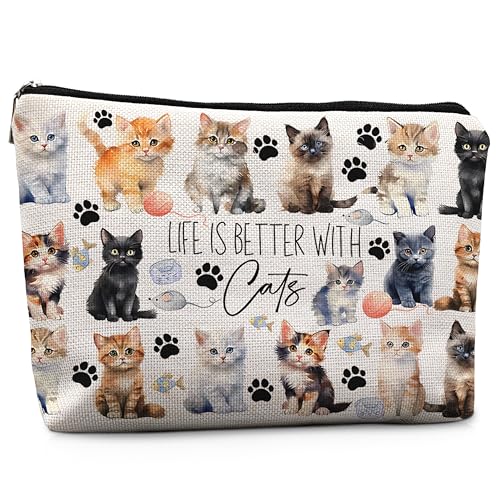 Life is Better with Cats Cosmetic Bag - Cute Cat Stuff, Makeup Bag & Toiletry Pouch for Cat Lovers