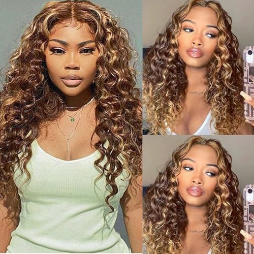 P4/27 Ombre Human Hair Bundles Loose Deep Wave Quick Weave Hair with Closure, 10A Brazilian Raw Deep Wave Human Hair Highlight Bundles with 4x4 Lace Closure(12 14 16+12inch, Honey Blonde Brown Color)