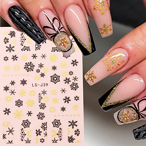 4 Sheets Christmas Nail Stickers Snowflake Nails Black Gold Christmas Nail Art Decorations Winter Snow Flake Elk Abstract French Self-Adhesive Design Nail Art Decals for Women New Years Nail Supplies