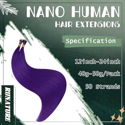 RUNATURE Nano Hair Extensions Real Human Hair Purple Nano Bead Hair Extensions 20 Inch Long Hair Cold Fusion Hair Extension No Glue Remy Natural Hair 50g 50s