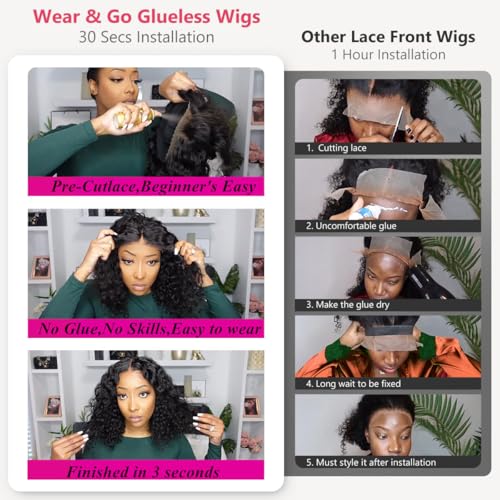 Curly Bob Wig Human Hair Water Wave Glueless Wigs Human Hair Pre Plucked Pre Cut 5x5 HD Lace Closure Wigs Human Hair Wear and Go Glueless Wigs For Black Women Water Wave Bob Wig Human Hair 12 inch