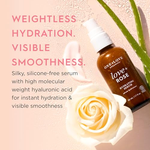 One Love Organics Love + Rose Hydrating Serum ? Hyaluronic Acid Moisturizer for Dehydrated Skin, Certified Organic & Cruelty Free 50ml