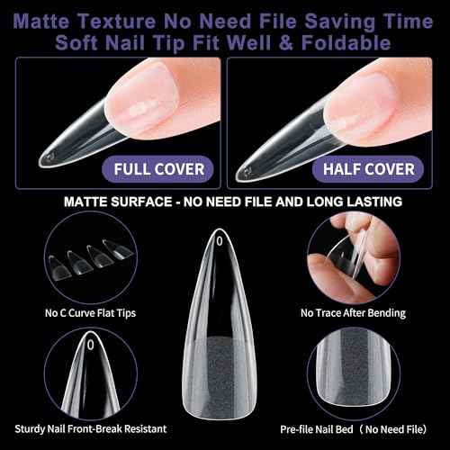 Half Matte Long Pointed Fake Nail Tips, Soft Gel Pre-Shaped Nail Tips, Full Cover False Nails with Clear Box for Nail Salons and DIY Nail Art, 600PCS/12 Sizes