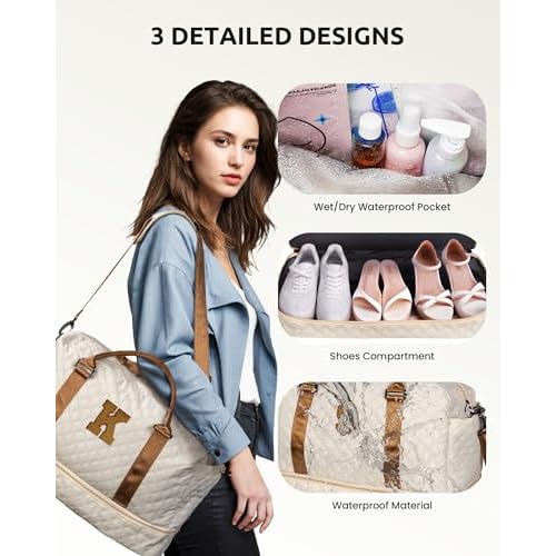 Initial Duffle Bag with Shoe Compartment, Personalized Weekender Bag, Monogram Overnight Bag for Women with Trolley Sleeve & Wet Pocket, Letter Travel Bag with Makeup Bag (Letter K)