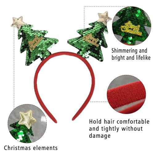 Christmas Tree Headband Sequins Hair Band Glitter Merry Christmas Hair Hoop Women Girls Green Hair Accessories Headdress for Cosplay Christmas Decoration Party Supplies Gift
