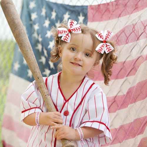 2PC Baseball Hair Bow Clips with 6PC Baseball Hair Ties for Women Girls Cheer Hair Accessories