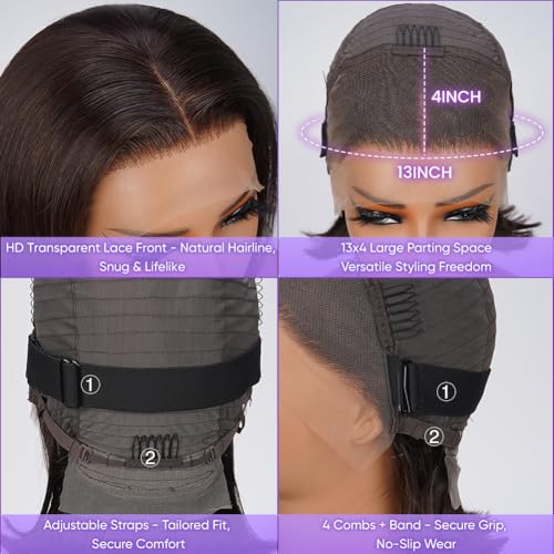 Dark Brown Bob Wig Human Hair 13X4 Lace Front Wigs Human hair 180% Density Short Straight Frontal Bob Wig Pre Plucked for Women HD Transparent Lace Frontal wigs With Baby Hair Dark Brown Color 16 Inch