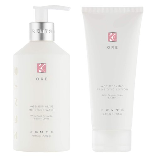 Zents Body Wash and Lotion Set (Ore), Ageless Aloe Moisture Wash, Age Defying Probiotic Body and Hand Lotion, Cleanse, Moisturize and Nourish Dry Skin, A Powerful Skin Healing Duo
