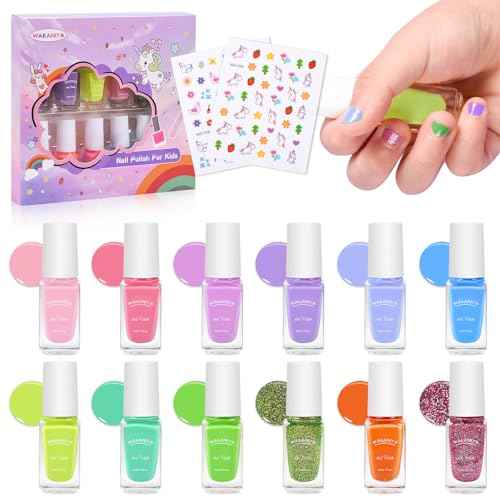Kids Nail Polish, Non-Toxic Toddler Nail Polish Water-Based Peel-Off Quick Dry Low Odor 12 Candy Colors Mini Nail Kit for Girls