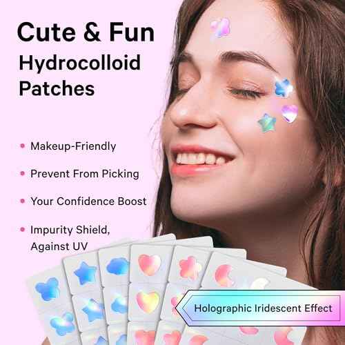 Sosky Hologram Pimple Patches for Face, Hydrocolloid Acne Patches with Salicylic Acid, Cute Star Zit Stickers,Colorful Blemish Covers,36 Count Pink Heart Moon Flower