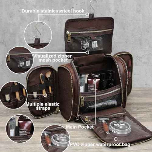 EURYNOME Toiletry Bag For Men, Genuine Leather Toiletries Organizer, Travel Hanging Toiletry Bag Large Water-resistant Bathroom Shaving Kit for Cosmetics, Makeup Case Travel Dopp Kit