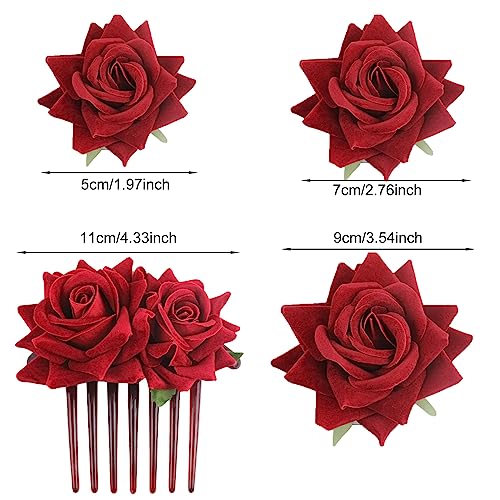 4 Pieces Women Rose Hairpin, Bridal Rose Brooch Hair Clip Wedding Floral Clips for Woman Girl Party Wedding (Black)