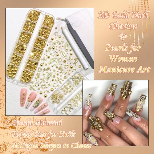 BELICEY 2 Boxes 3D Nail Charms Mix Gold Star Cross Virgin Mary Charms for Nails Gold Flatback Nail Pearls Nail Decoration Gems Pearls for Nails Jewelry for DIY Nail Art Supply Accessories Crafts