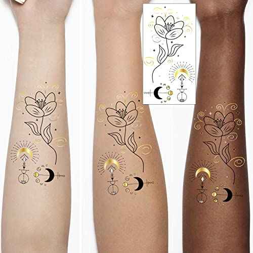 Glaryyears Metallic Gold Temporary Tattoo for Women Adults, 18-Pack Long-lasting Tiny Size Realistic Tattoos, Variety Pack Cute Floral Fake Tattoos, Makeup for Face Body Hand Arm Neck Party