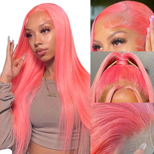 Pink Lace Front Wig Human Hair 24 Inch 13x4 Cotton Candy Straight HD Lace Frontal Wig Pre Plucked With Baby Hair Bubblegum Lace Closure 180 Density for Women
