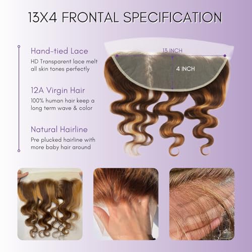 Honey Blonde Highlight Body Wave 13x4 Frontal Human Hair 20 In, 100% 12A Brazilian Virgin Ombre Brown Transparent Lace Frontal Closure Pre Plucked with Baby Hair P4/27 Balayage Wavy Hair Remy