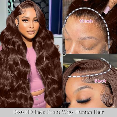 Chocolate Brown Lace Front Wig Human Hair 13x6 Hd Transparent Body Wave Lace Front Wigs 200% Density Brown Wig Human Hair 4# Colored Glueless Wigs for Women 22 Inch