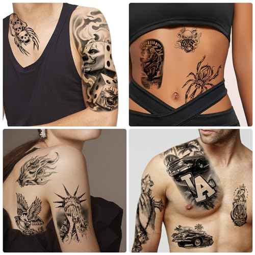 77 Sheets Temporary Tattoos, Chicano Large Fake Tattoos Chicano Guadalupe Gangster Prisoner Day of the Dead, Lowrider Style Culture Mexico Clown Fake Tattoo Stickers for Men Women Adults