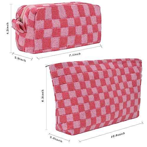 Makeup Bags Checkered Cosmetic Bag- 2PCS Travel Toiletry Bag Aesthetic Portable Accessories Pouch Preppy Pencil Checkered Pencil Pouch Case Cute Brushes Storage Bag for Women - Pink