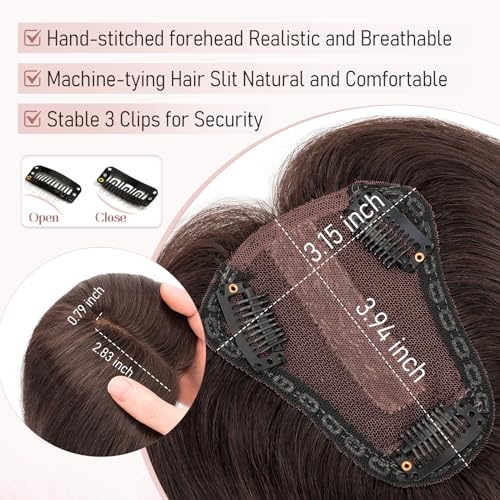 Hairro Real Human Hair Toppers, Clips in 100% Human Hairpieces for Women, 3.15"x3.94" Silk Base for Covering Thinning/Greyish Hair on Top, 12 Inch Natural Black