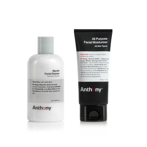 Anthony Essentials Duo Glycolic Facial Cleanser for Men and All-Purpose Facial Moisturizer - Men’s Hydrating Lotion for Dry Skin