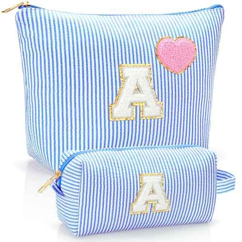Initial Makeup Bag Personalized Preppy Cosmetic Bag Trendy Toiletry Travel Bag For Teen Girls Kids Women Letter Makeup Pouch Purse Holiday Gifts Birthday Christmas Gifts 2pack (A, Blue)