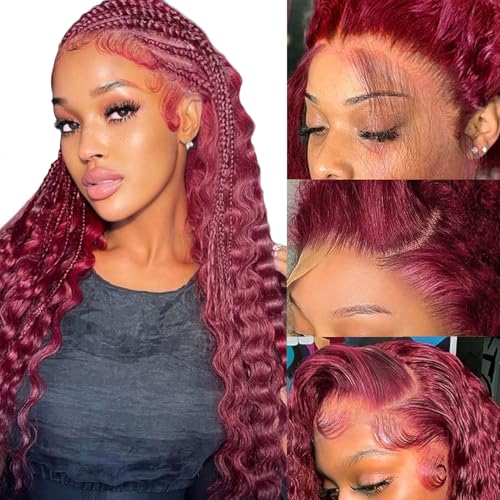 99j Burgundy Lace Front Wigs Human Hair 13x4 Water Wave Lace Front Wigs Pre Plucked 180 Density Red Colored Wigs for Black Women Curly Lace Frontal Wigs with Baby Hair 22 Inch