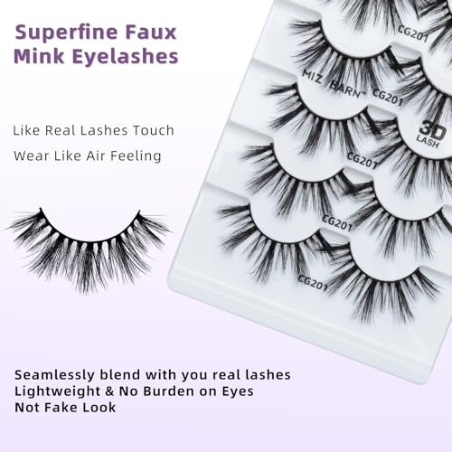 Miz Barn Lashes 3D Cashmere Long Extension Eyelashes Natural Look Soft Reusable Fake Eyelashes Multipack Wispy False Lashes 5 Pairs Natural Strip Eyelashes (CG201)